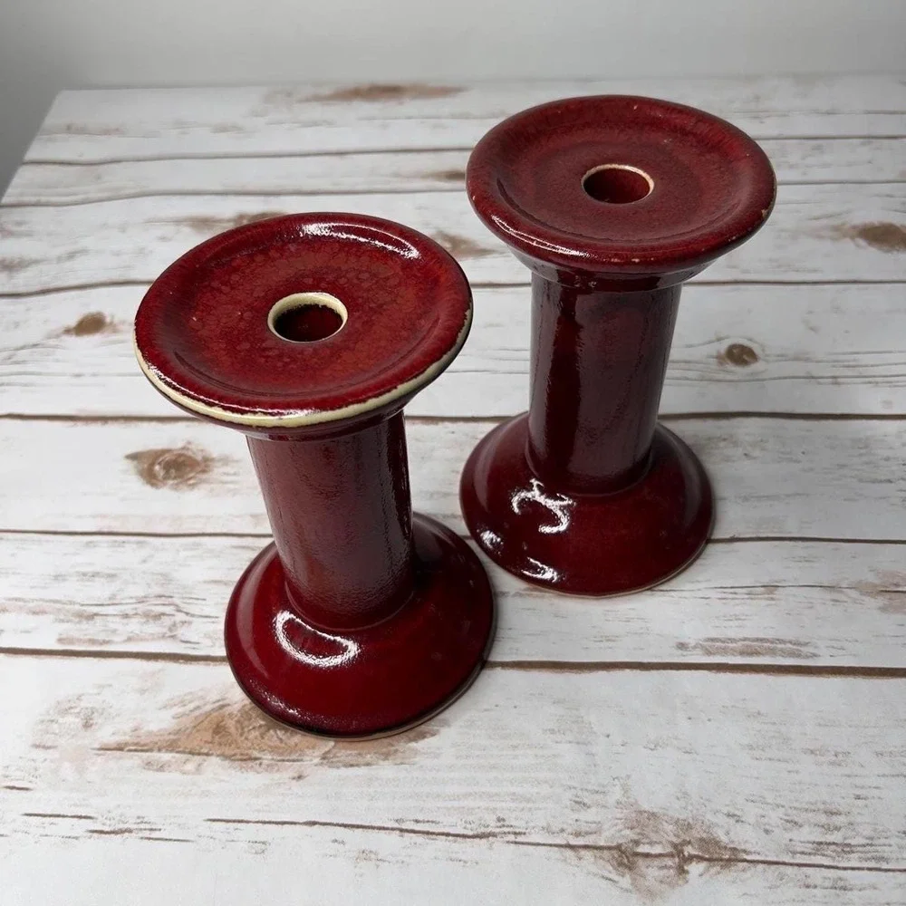 HausenWare Candlestick Holders Red Glossy Ceramic Pedestal Set of‎ 2 7.5in